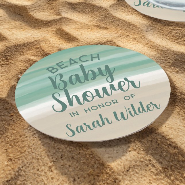 Modern Teal Ocean Beach Baby Shower Paper Coaster (For beach baby showers, just add your details)