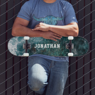 Modern Teal Ocean Waves Aerial Personalized Skateboard