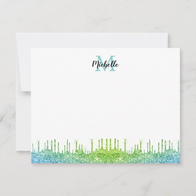 Modern Teal Ombre Glitter Drips Script Monogrammed Note Card (Front)