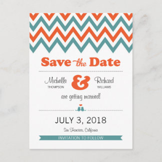 Modern Teal & Orange Chevron & Lovebirds Wedding Announcement Postcard