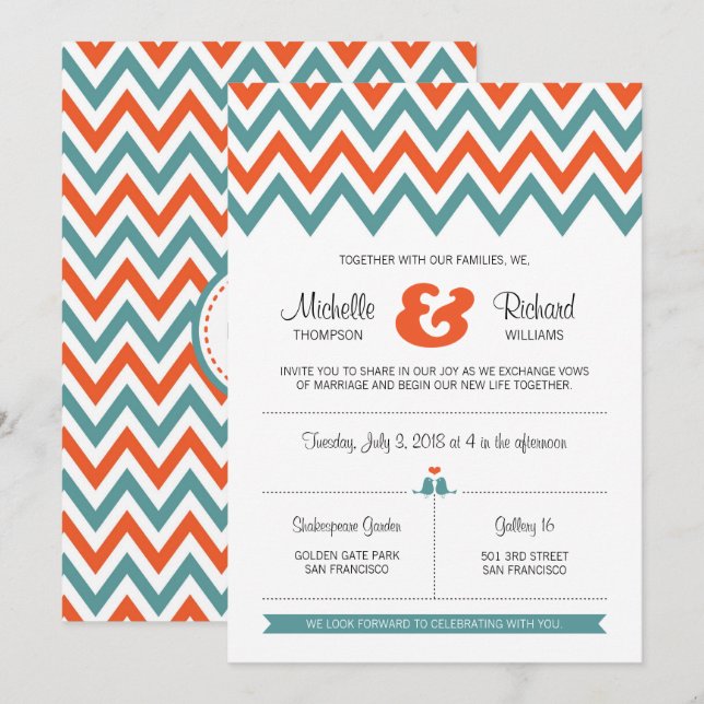 Modern Teal & Orange Chevron & Lovebirds Wedding Invitation (Front/Back)