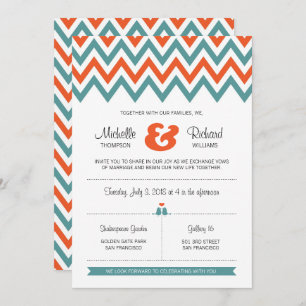 Modern Teal & Orange Chevron & Lovebirds Wedding Invitation
