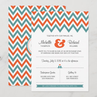 Modern Teal & Orange Chevron & Lovebirds Wedding Invitation
