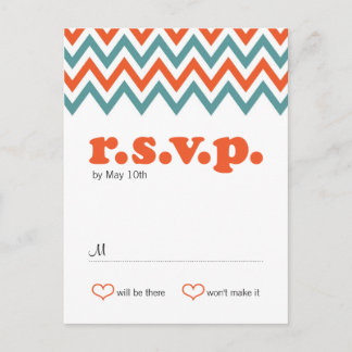 Modern Teal & Orange Chevron & Lovebirds Wedding Invitation Postcard