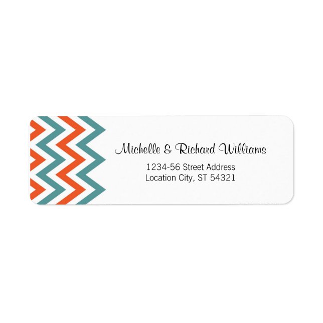 Modern Teal & Orange Chevron & Lovebirds Wedding Label (Front)