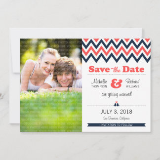 Modern Teal & Orange Chevron Photo Save the Date