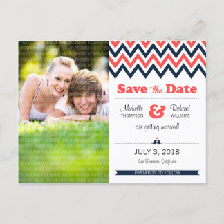 Modern Teal & Orange Chevron Photo Save the Date Announcement Postcard