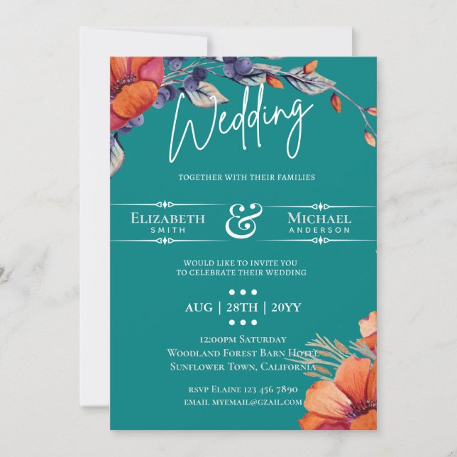 Modern Teal Orange Floral Wedding Invite (Front)