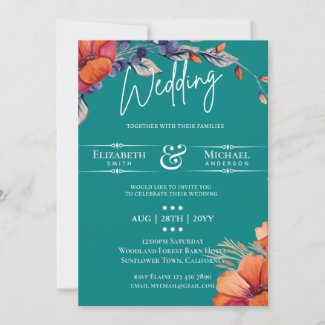 Modern Teal Orange Floral Wedding Invite