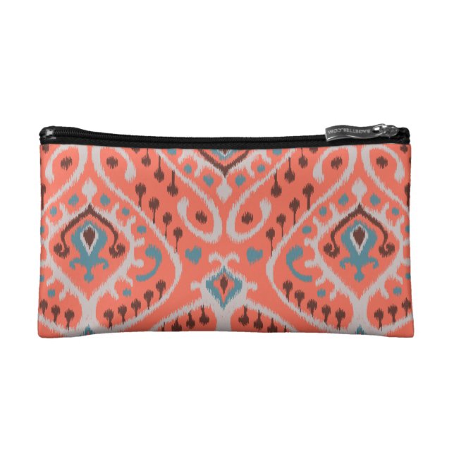 Modern teal orange girly ikat tribal pattern makeup bag (Front)