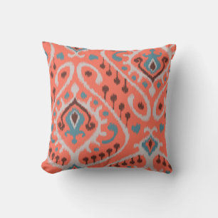 Modern teal orange girly ikat tribal pattern throw pillow