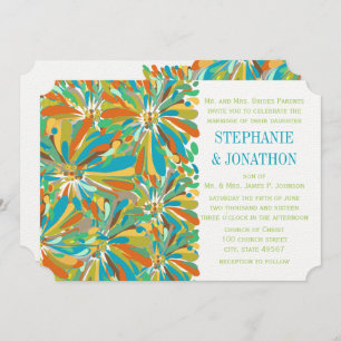 Modern Teal Orange Green Chrysanthemum Invitation