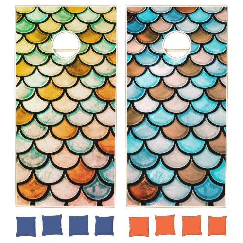 Modern Teal Orange Green Mermaid Scales Pattern Cornhole Set