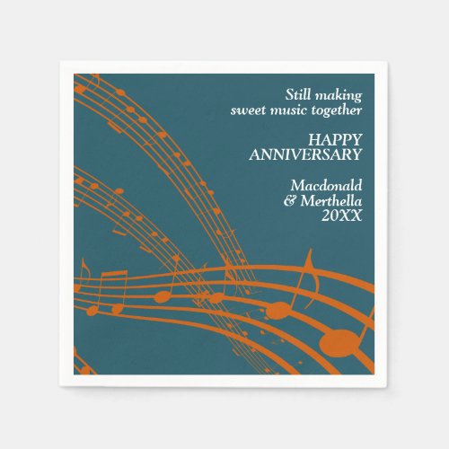 Modern Teal Orange SWEET MUSIC Happy Anniversary Napkins