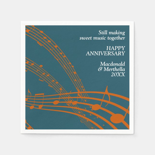 Modern Teal Orange SWEET MUSIC Happy Anniversary Napkins (Front)