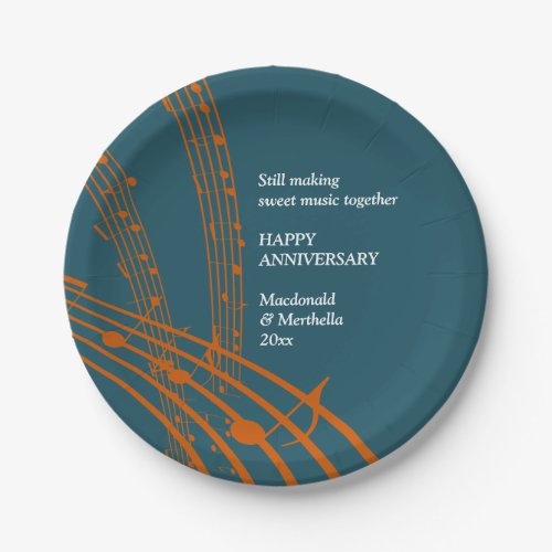 Modern Teal Orange SWEET MUSIC Happy Anniversary Paper Plates