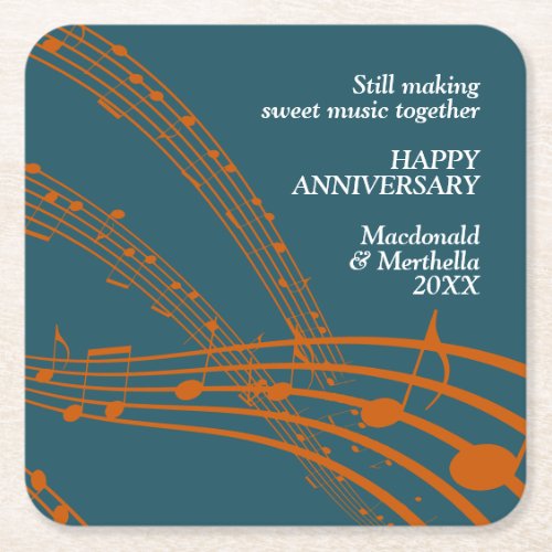 Modern Teal Orange SWEET MUSIC Happy Anniversary Square Paper Coaster