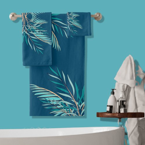 Modern Teal Palm Leaves Beach Bathroom  Bath Towel