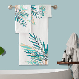Modern Teal Palm Leaves Beach Bathroom  Bath Towel Set