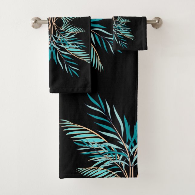 Modern Teal Palm Leaves Beach Bathroom  Black Bath Towel Set (Insitu)