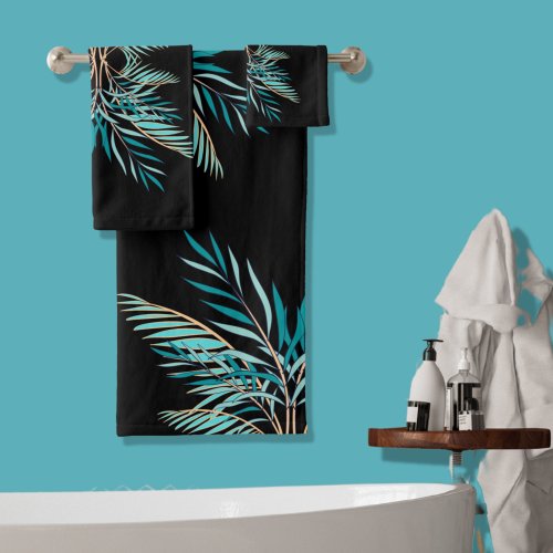 Modern Teal Palm Leaves Beach Bathroom  Black  Bath Towel Set