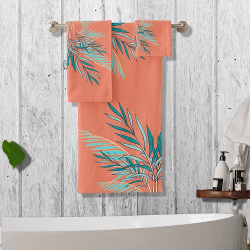 Modern Teal Palm Leaves Beach Coral Bath Towel Set