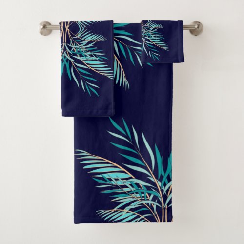 Modern Teal Palm Leaves Navy blue Bathroom   Bath Towel Set