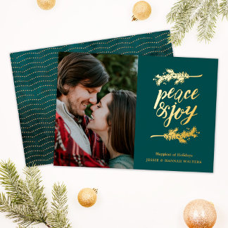 Modern Teal Peace & Love Photo Foil Holiday Card