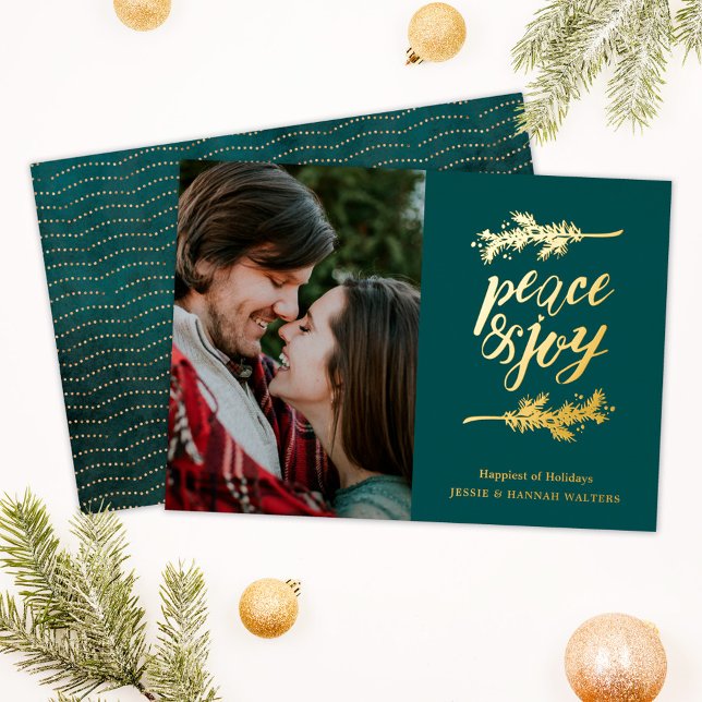 Modern Teal Peace & Love Photo Foil Holiday Card (Creator Uploaded)