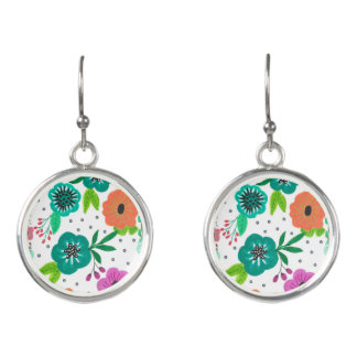 Modern Teal & Peach Floral Watercolor Drop Earrings