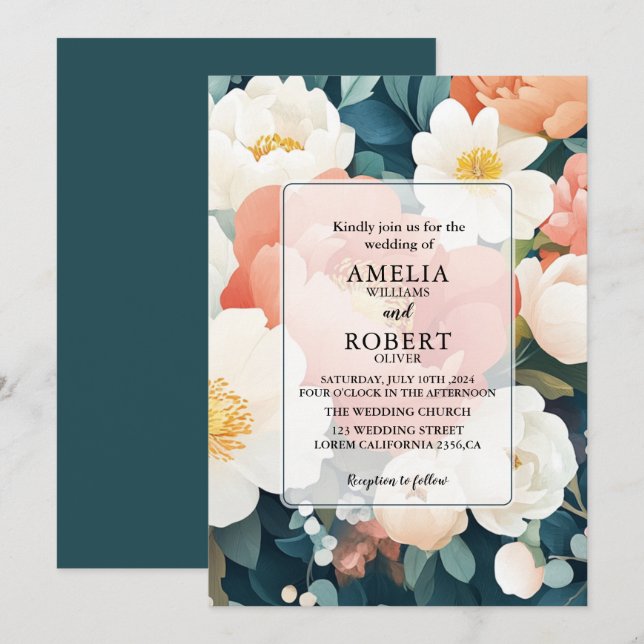 Modern Teal peonies Floral Wedding Invitation (Front/Back)