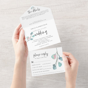 Modern Teal Pink Pastel Eucalyptus Wedding All In One Invitation