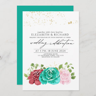 Modern Teal Pink Red Floral Greenery Wedding Invitation