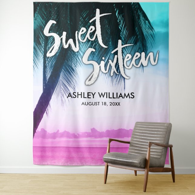 Modern Teal Pink Tropical Luau Sweet 16 Backdrop (In Situ)