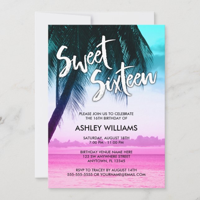 Modern Teal Pink Tropical Luau Sweet 16 Invitation (Front)