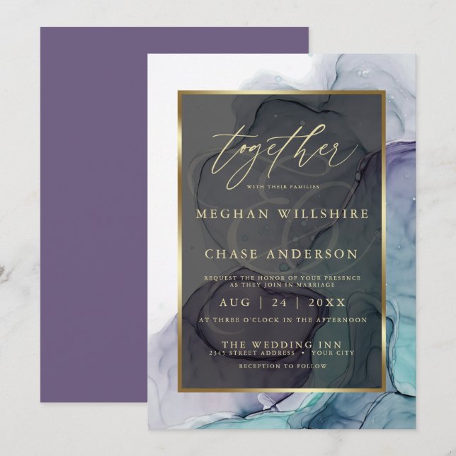 Modern Teal Plum Purple Alcohol Ink Invitation (Front/Back)