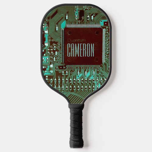Modern Teal Printed Circuit Microchip Geek Custom Pickleball Paddle