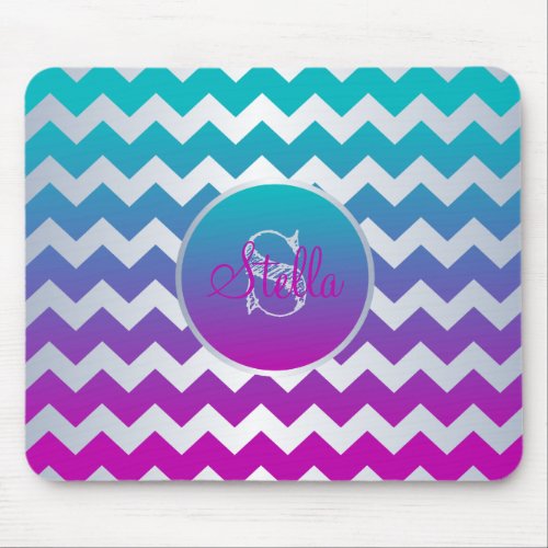 Modern Teal Purple Pink Ombre Zigzag Lines  Name Mouse Pad