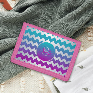 Modern Teal Purple Pink Ombre Zigzag Lines & Name Trifold Wallet
