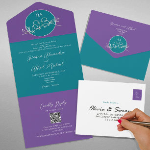 Modern Teal Purple Wedding Invitation with QR Code