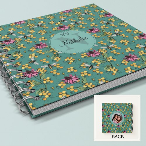 Modern Teal Queen Bee  Flowers Feminine Monogram Notebook