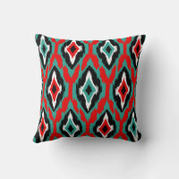 Modern turquoise red ikat tribal pattern monogram throw pillow