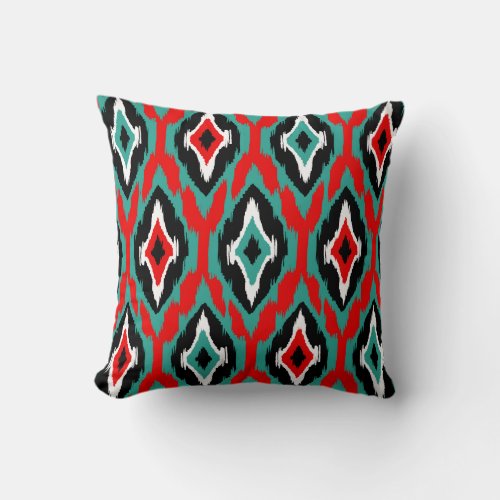 Modern teal red black Ikat Tribal Pattern 1a Throw Pillow