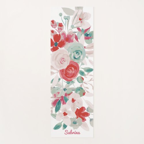 Modern teal red boho floral watercolor name yoga mat