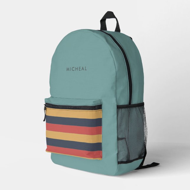 Modern Teal &  Retro Stripes Color Block  Printed Backpack (Back Corner Right)