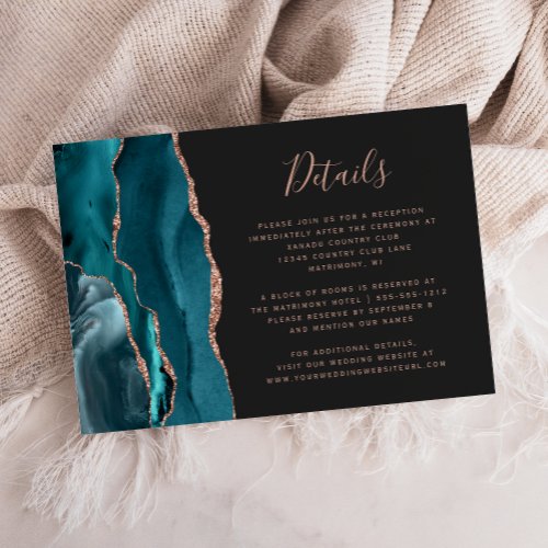 Modern Teal Rose Gold Agate Dark Wedding Details Enclosure Card