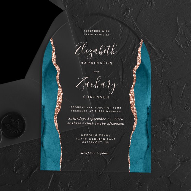 Modern Teal Rose Gold Agate Pink Text Arch Wedding Acrylic Invitations (Creator Uploaded)