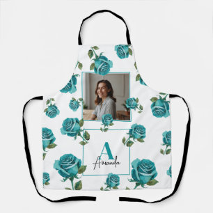 Modern Teal Rose Monogram Custom Mom Apron