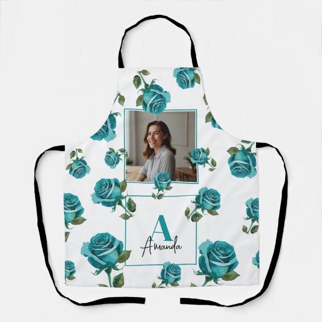 Modern Teal Rose Monogram Custom Mom Apron (Front)