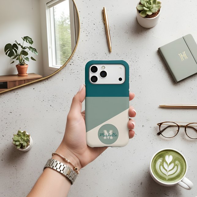 Modern Teal Sage Geometric Custom Name & Monogram Case-Mate iPhone Case (Creator Uploaded)